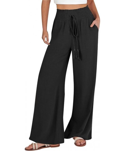 Linen Pants Women Summer Casual Pants Straight Leg Drawstring High Waist Loose Palazzo Trousers with Pockets Z04-black $4.31 ...