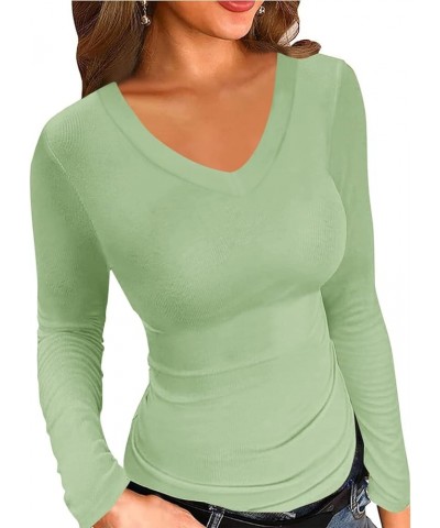 Women's Long Sleeve V Neck Fitted Shirt Ribbed Slim Knit Solid Pullover Tee Tops Blouse Green $11.25 Tops