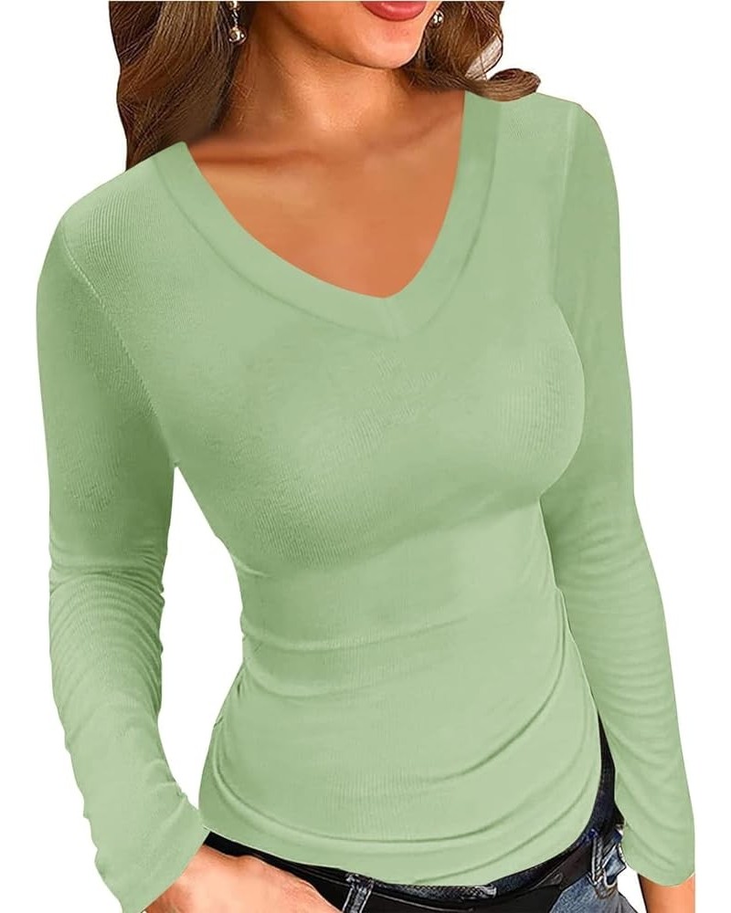 Women's Long Sleeve V Neck Fitted Shirt Ribbed Slim Knit Solid Pullover Tee Tops Blouse Green $11.25 Tops