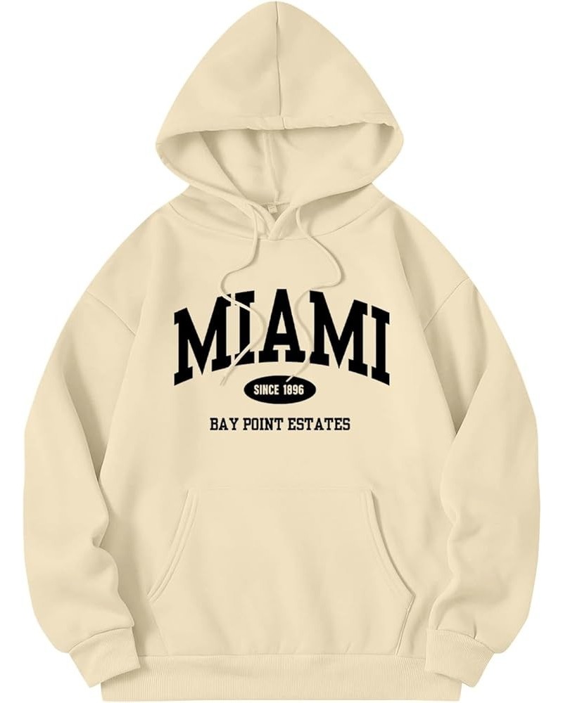 Miami Sweatshirt Hoodies for Women Long Sleeved Oversized Streetwear Printed Hoodie With Pockets Y2K Beige $11.99 Hoodies & S...