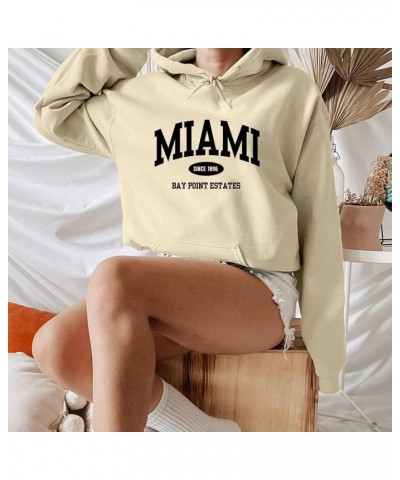 Miami Sweatshirt Hoodies for Women Long Sleeved Oversized Streetwear Printed Hoodie With Pockets Y2K Beige $11.99 Hoodies & S...