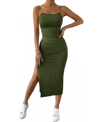 Women's Split Thigh Twist Backless Spaghetti Strap Sleeveless Bodycon Midi Dresses Army Green $18.54 Dresses