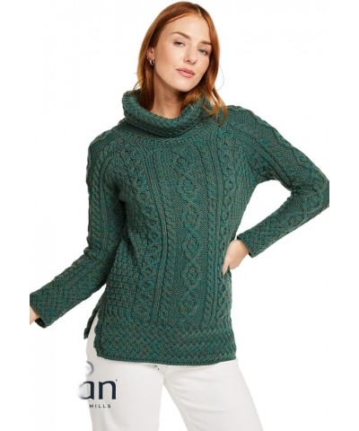 Carraig Donn - Ladies - 100% Soft Merino Wool - Cable Knit Sweeter Vented Roll Neck Irish Jumper Connemara Green $45.00 Sweaters