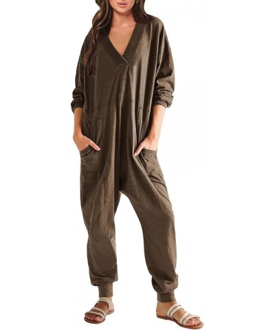 Women's Jumpsuits Loose Casual Long Sleeve V Neck One Piece Baggy Overalls Long Pants Romper Onesie Jumper with Pocket Brown ...