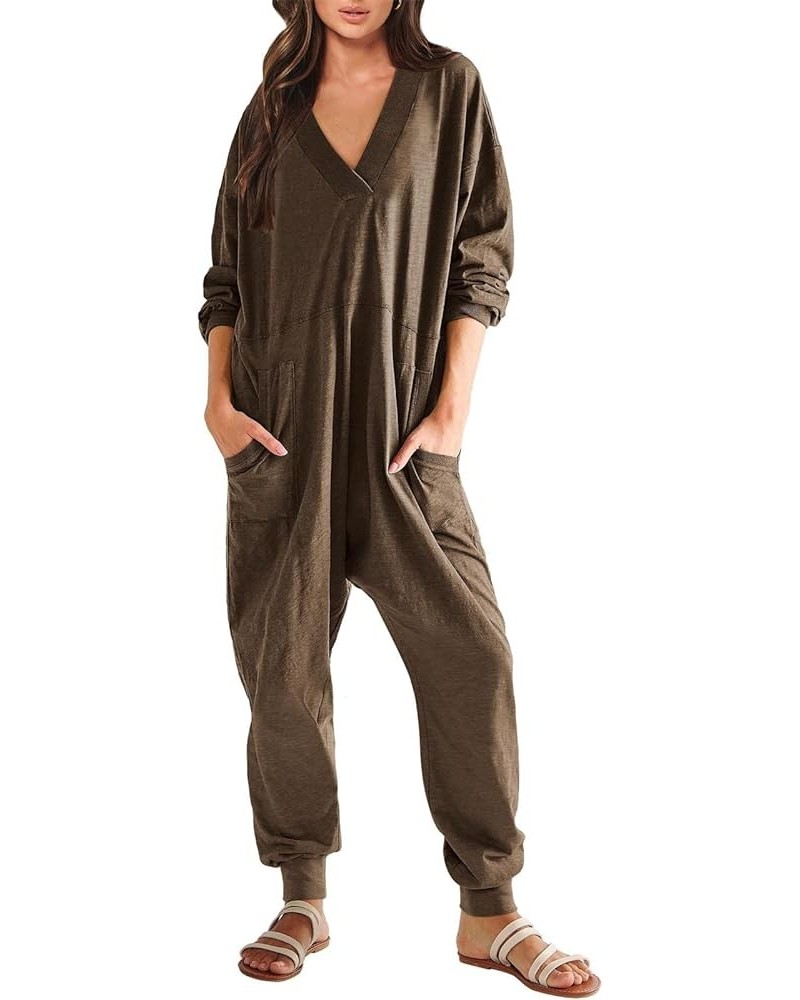 Women's Jumpsuits Loose Casual Long Sleeve V Neck One Piece Baggy Overalls Long Pants Romper Onesie Jumper with Pocket Brown ...