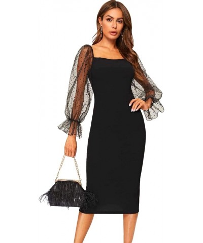 Women's Sheer Mesh Long Sleeve Sweetheart Neck Bodycon Mini Dress Carbon Black $14.21 Dresses