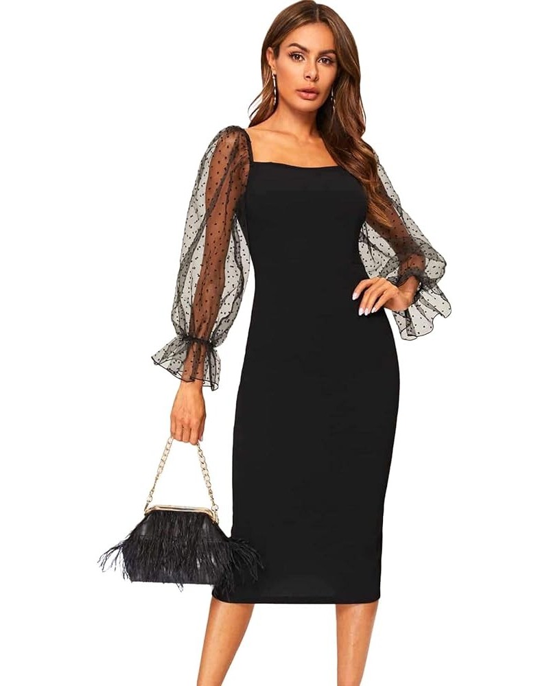 Women's Sheer Mesh Long Sleeve Sweetheart Neck Bodycon Mini Dress Carbon Black $14.21 Dresses