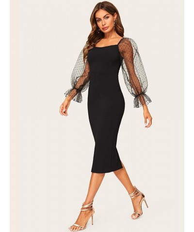 Women's Sheer Mesh Long Sleeve Sweetheart Neck Bodycon Mini Dress Carbon Black $14.21 Dresses