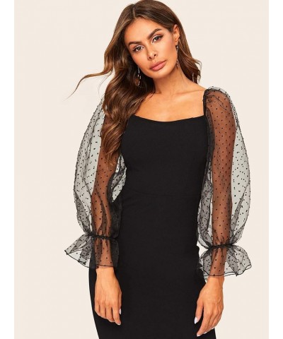 Women's Sheer Mesh Long Sleeve Sweetheart Neck Bodycon Mini Dress Carbon Black $14.21 Dresses