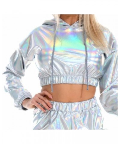 Women Sexy Crop Hoodie Tops Fashion Hot Stamping Patent Leather Leak Navel Sweatshirt Long Sleeve Party Shirt Blouse White $6...