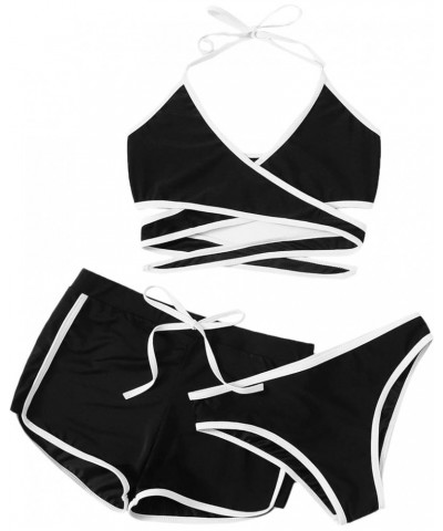 Women's Three Piece Swimsuit Leaf Print Wrap Halter Top with Shorts Bikini Set 1-black $17.05 Swimsuits