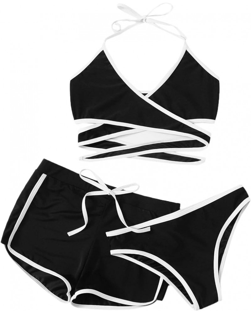 Women's Three Piece Swimsuit Leaf Print Wrap Halter Top with Shorts Bikini Set 1-black $17.05 Swimsuits