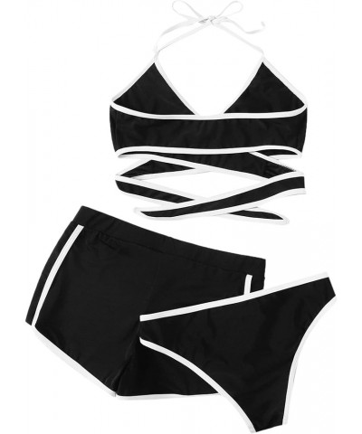 Women's Three Piece Swimsuit Leaf Print Wrap Halter Top with Shorts Bikini Set 1-black $17.05 Swimsuits