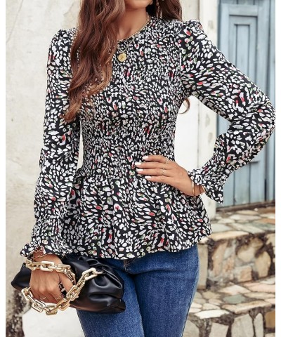 Women's Tops Casual Long Sleeve Crewneck Floral Print Smocked Ruffle Hem Slim Babydoll Blouse Shirt Tunics Black $16.82 Blouses