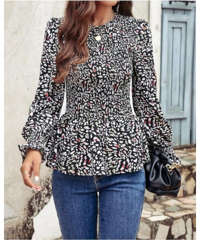 Women's Tops Casual Long Sleeve Crewneck Floral Print Smocked Ruffle Hem Slim Babydoll Blouse Shirt Tunics Black $16.82 Blouses