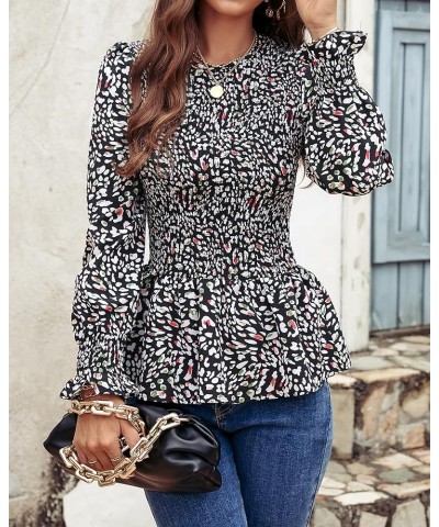 Women's Tops Casual Long Sleeve Crewneck Floral Print Smocked Ruffle Hem Slim Babydoll Blouse Shirt Tunics Black $16.82 Blouses