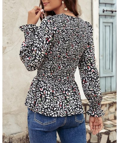 Women's Tops Casual Long Sleeve Crewneck Floral Print Smocked Ruffle Hem Slim Babydoll Blouse Shirt Tunics Black $16.82 Blouses