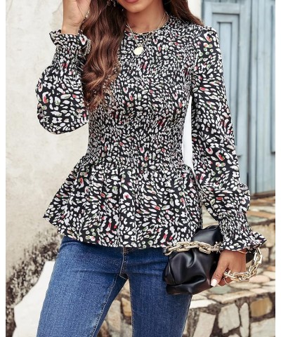 Women's Tops Casual Long Sleeve Crewneck Floral Print Smocked Ruffle Hem Slim Babydoll Blouse Shirt Tunics Black $16.82 Blouses