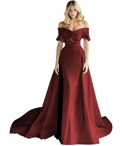 Women's Off Shoulder Satin Prom Dresses Long Simple Wedding Dress with Cape Ball Formal Evening Gown Wine Red $39.48 Dresses