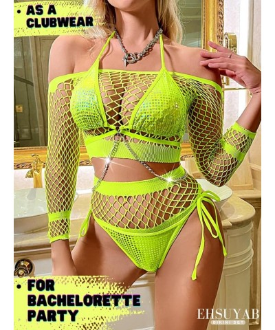 4Pc Rave Outfits, Metallic Shiny Bikini Body Chain, Off Shoulder Coverup Large Neon Green $19.19 Swimsuits