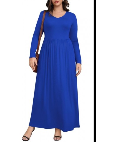 Womens Plus Size Maxi Dresses Long Sleeve Casual V Neck 2023 Fall Winter Soft Loose Fit T-Shirt Dress with Pockets A3-royal B...