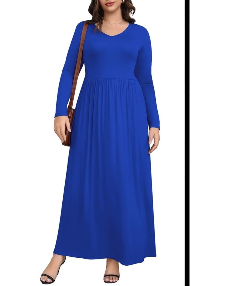 Womens Plus Size Maxi Dresses Long Sleeve Casual V Neck 2023 Fall Winter Soft Loose Fit T-Shirt Dress with Pockets A3-royal B...