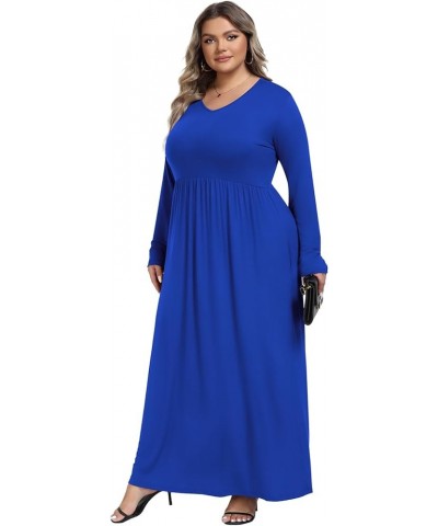 Womens Plus Size Maxi Dresses Long Sleeve Casual V Neck 2023 Fall Winter Soft Loose Fit T-Shirt Dress with Pockets A3-royal B...