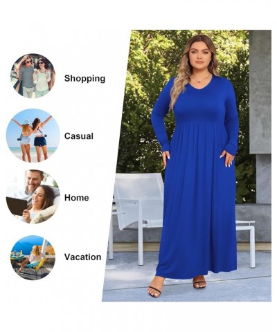 Womens Plus Size Maxi Dresses Long Sleeve Casual V Neck 2023 Fall Winter Soft Loose Fit T-Shirt Dress with Pockets A3-royal B...