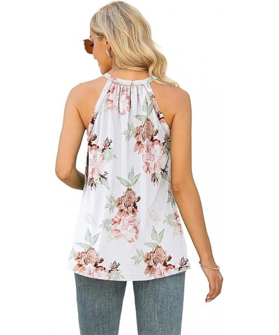 Womens Lace Halter Tank Tops Summer Sexy Sleeveless Blouse Tops Casual Loose Fit Pleated Shirts White Floral $11.39 Tanks