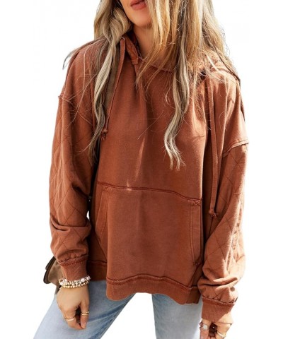 Womens Casual Long Sleeve Solid Chestnut Quilted Patchwork Exposed Seam Hoodie C-chestnut $13.33 Sleep & Lounge