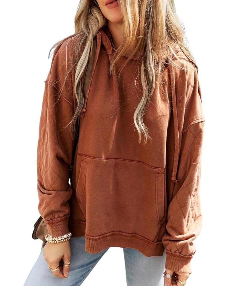 Womens Casual Long Sleeve Solid Chestnut Quilted Patchwork Exposed Seam Hoodie C-chestnut $13.33 Sleep & Lounge