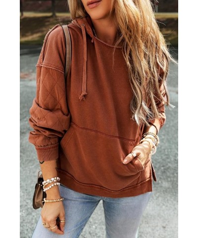 Womens Casual Long Sleeve Solid Chestnut Quilted Patchwork Exposed Seam Hoodie C-chestnut $13.33 Sleep & Lounge