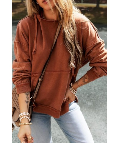 Womens Casual Long Sleeve Solid Chestnut Quilted Patchwork Exposed Seam Hoodie C-chestnut $13.33 Sleep & Lounge