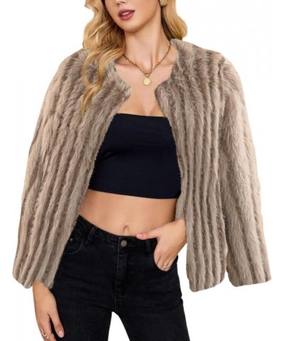 Women's Open Front Coats Fleece Cropped Jacket Faux Fur Long Sleeve Pockets Shaggy Warm Outerwear Khaki $23.45 Coats