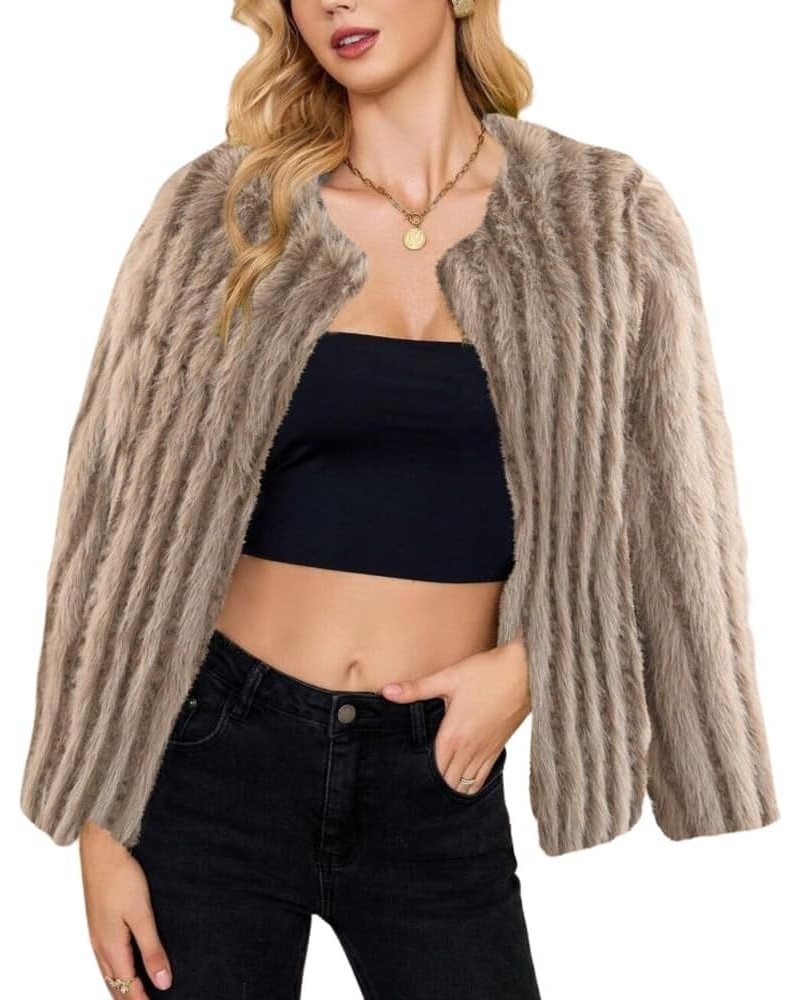 Women's Open Front Coats Fleece Cropped Jacket Faux Fur Long Sleeve Pockets Shaggy Warm Outerwear Khaki $23.45 Coats