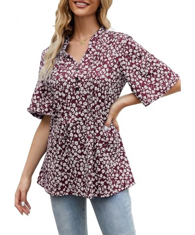 Women's Floral Print Short Ruffle Sleeve Pleated Front V Neck Button Tunic Tops Floral Wine Red $13.86 Tops