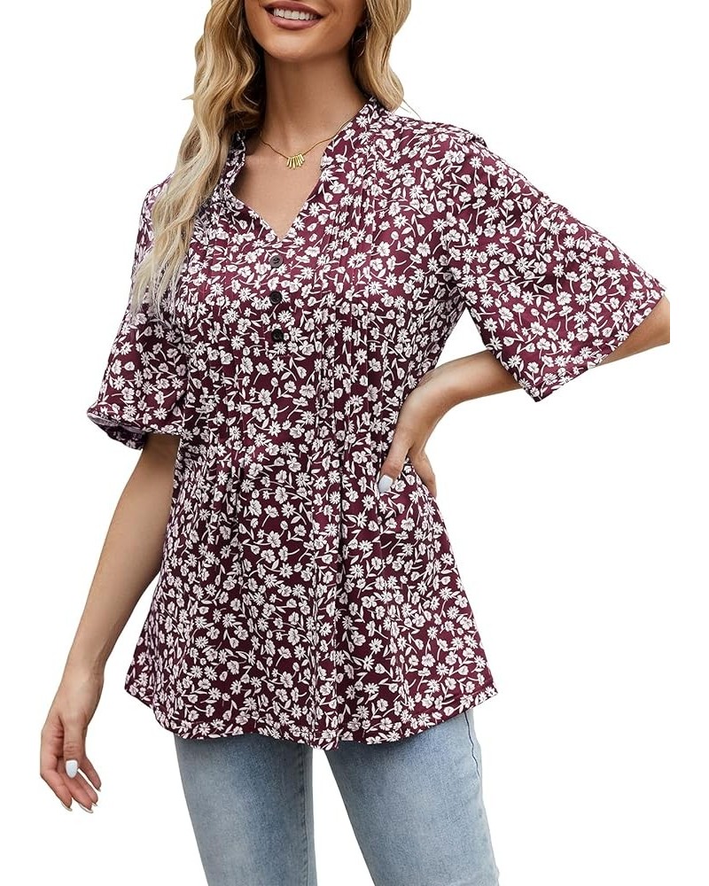 Women's Floral Print Short Ruffle Sleeve Pleated Front V Neck Button Tunic Tops Floral Wine Red $13.86 Tops