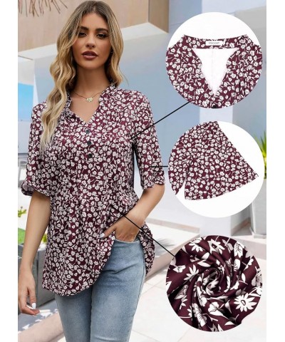 Women's Floral Print Short Ruffle Sleeve Pleated Front V Neck Button Tunic Tops Floral Wine Red $13.86 Tops