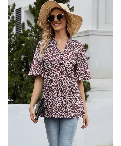 Women's Floral Print Short Ruffle Sleeve Pleated Front V Neck Button Tunic Tops Floral Wine Red $13.86 Tops