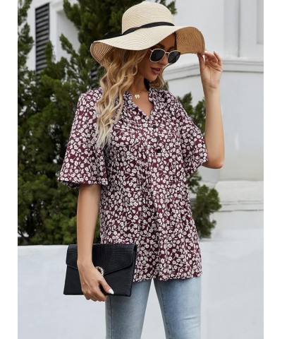 Women's Floral Print Short Ruffle Sleeve Pleated Front V Neck Button Tunic Tops Floral Wine Red $13.86 Tops