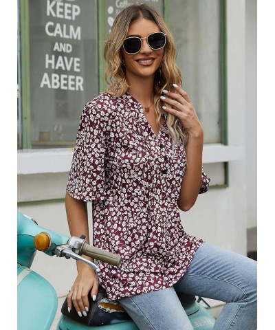 Women's Floral Print Short Ruffle Sleeve Pleated Front V Neck Button Tunic Tops Floral Wine Red $13.86 Tops