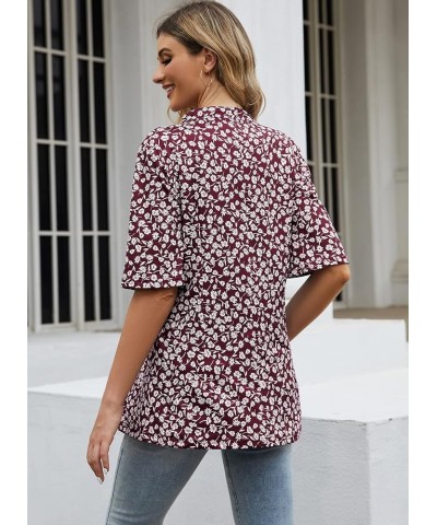 Women's Floral Print Short Ruffle Sleeve Pleated Front V Neck Button Tunic Tops Floral Wine Red $13.86 Tops