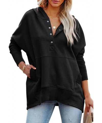 Women's Casual Long Sleeve Zipper Sweatshirt Drawstring Loose Quarter Zip Pullover Tops with Pockets Button Black $16.82 Hood...