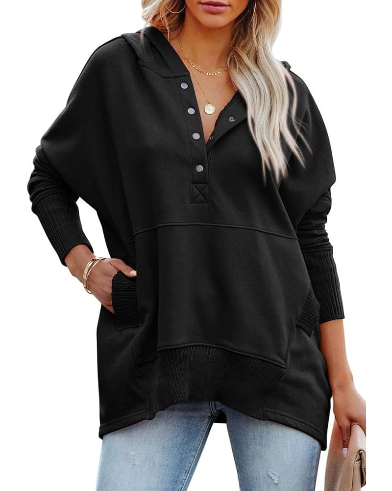 Women's Casual Long Sleeve Zipper Sweatshirt Drawstring Loose Quarter Zip Pullover Tops with Pockets Button Black $16.82 Hood...