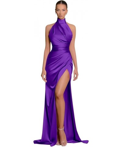 Halter Bridesmaid Dresses for Women with Slit Satin Mermaid Formal Gown and Evening Dresses Floor Length Purple $14.00 Dresses