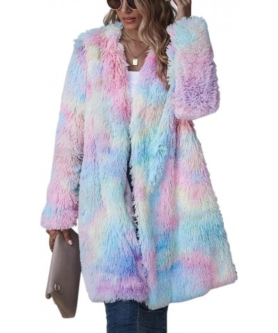 Women's Rainbow Tie Dye Fuzzy Fleece Long Sleeves Jackets Wool Faux Fur Teddy Bear Long Cardigan Coat Outwear Pink $23.91 Coats