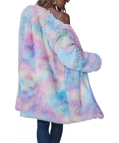 Women's Rainbow Tie Dye Fuzzy Fleece Long Sleeves Jackets Wool Faux Fur Teddy Bear Long Cardigan Coat Outwear Pink $23.91 Coats