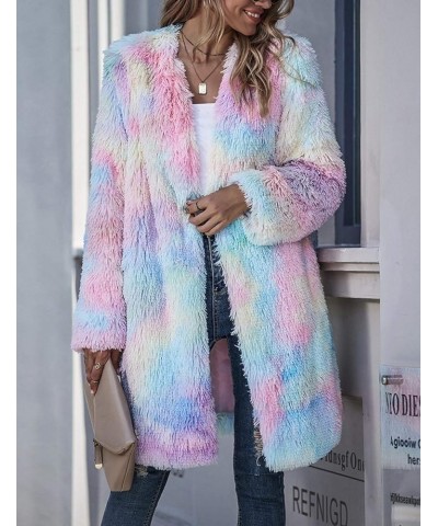 Women's Rainbow Tie Dye Fuzzy Fleece Long Sleeves Jackets Wool Faux Fur Teddy Bear Long Cardigan Coat Outwear Pink $23.91 Coats