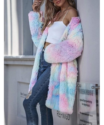 Women's Rainbow Tie Dye Fuzzy Fleece Long Sleeves Jackets Wool Faux Fur Teddy Bear Long Cardigan Coat Outwear Pink $23.91 Coats