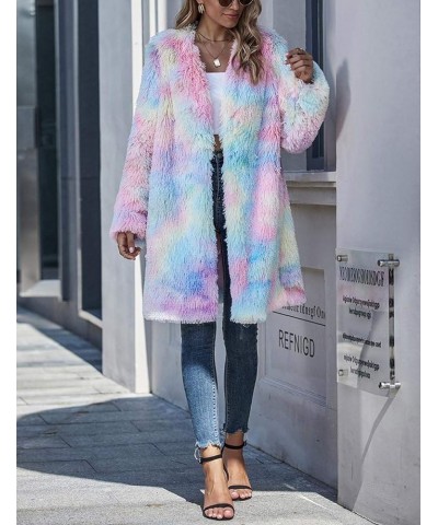 Women's Rainbow Tie Dye Fuzzy Fleece Long Sleeves Jackets Wool Faux Fur Teddy Bear Long Cardigan Coat Outwear Pink $23.91 Coats